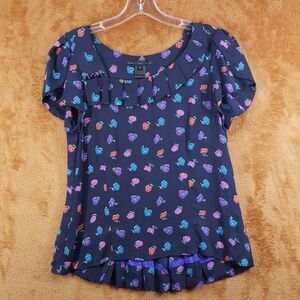 MARC JACOBS Top Womens Size 8 Navy Floral Pleated Hi Lo Flutter Sleeve Blouse